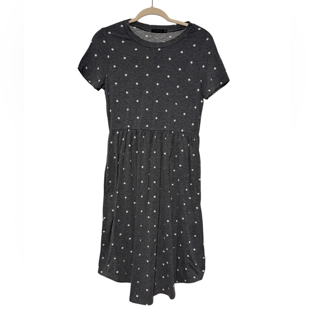 Long Modest Gray White Polka Dot Short Sleeve Tee Shirt Midi‎ Dress Size Medium